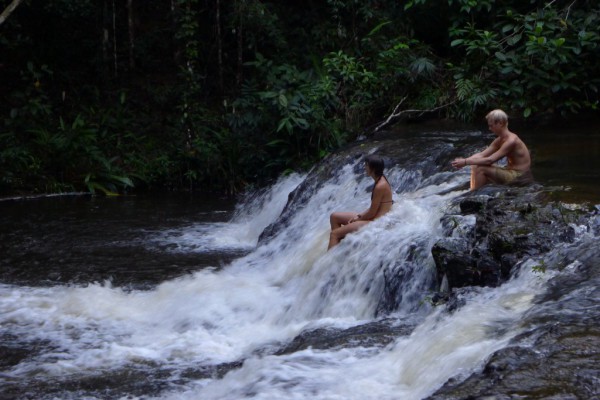 shower in the waterfall after work